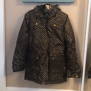 Womens Roxy Brown Gold Polka Dot Ski Snowboard Jacket Coat Large with Hood